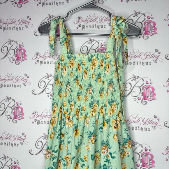 Floral Smocked Dress with Tie Straps green blue yellow flowers stretchy summer - Picture 4 of 8